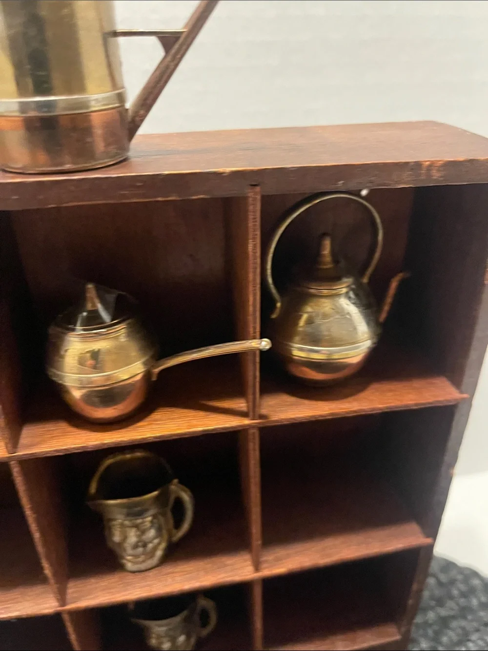 Brass Miniature Tea and Watering Can Set Gold and Brown w/wood shelf, vintage